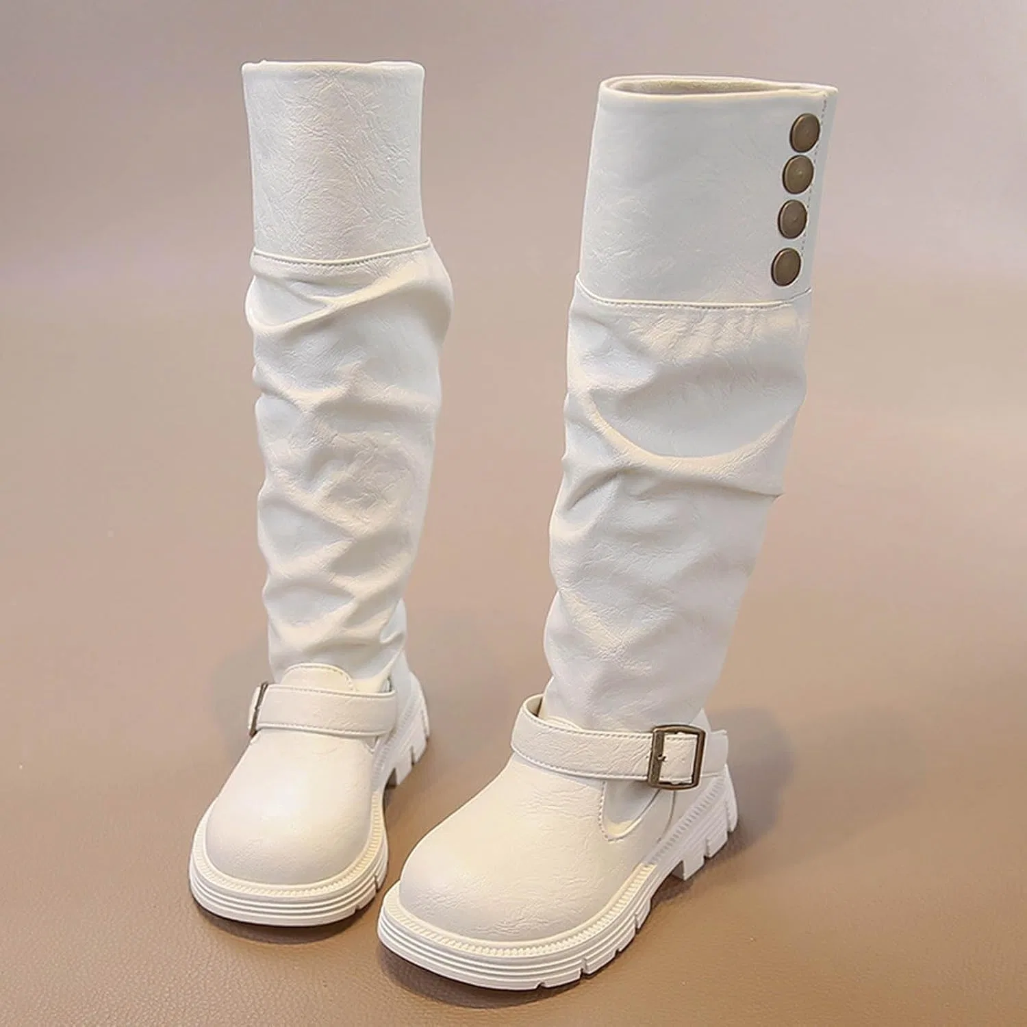 Детские сапоги для девочек с ремешком и пряжкой Slouch Boots, White — фото 3