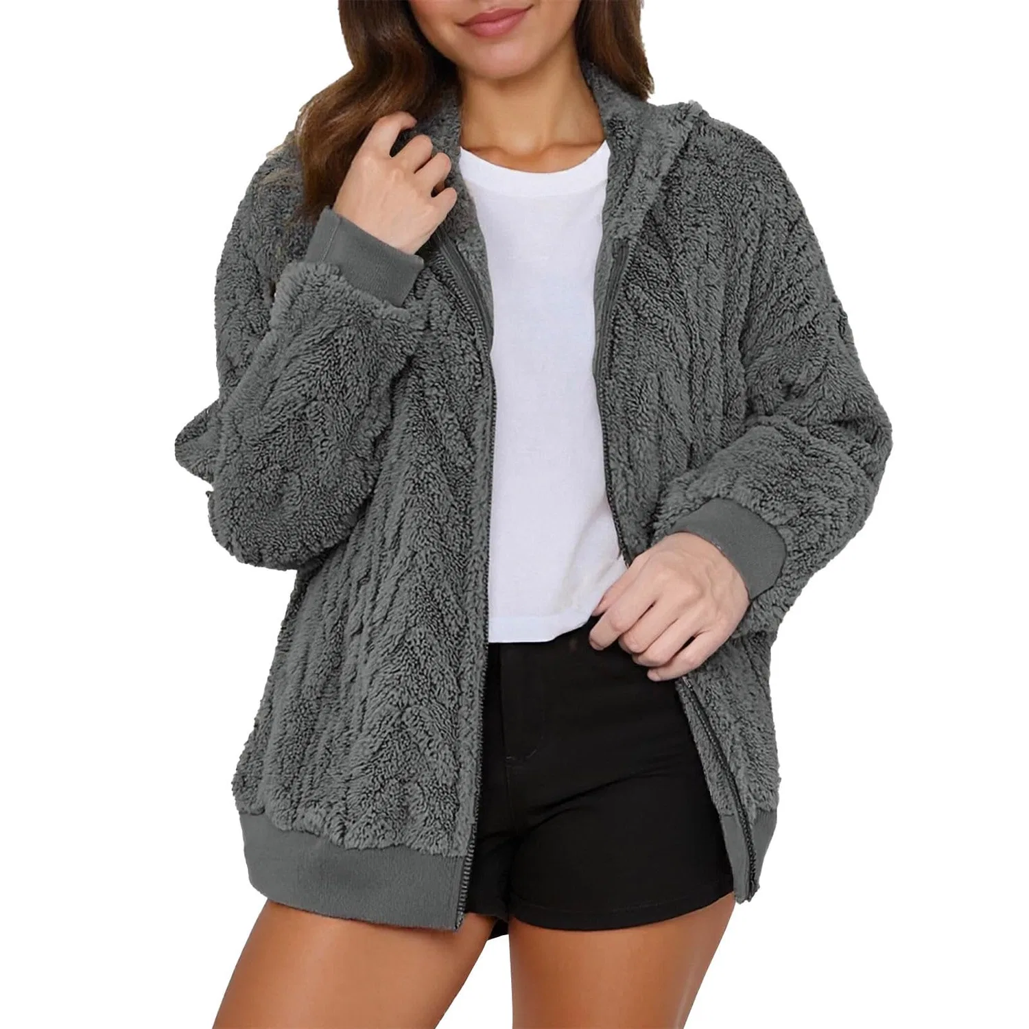 Женское пальто с капюшоном и молнией, на флисовой подкладке, Grey