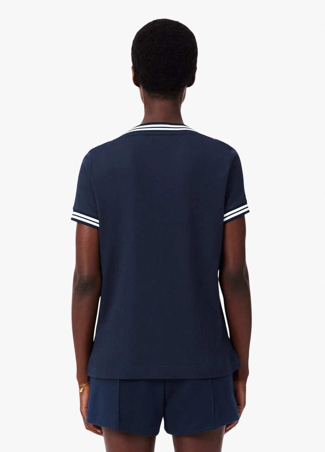 Футболка Lacoste Regular Fit Lacivert-525, полосатый воротник, синяя — фото 4