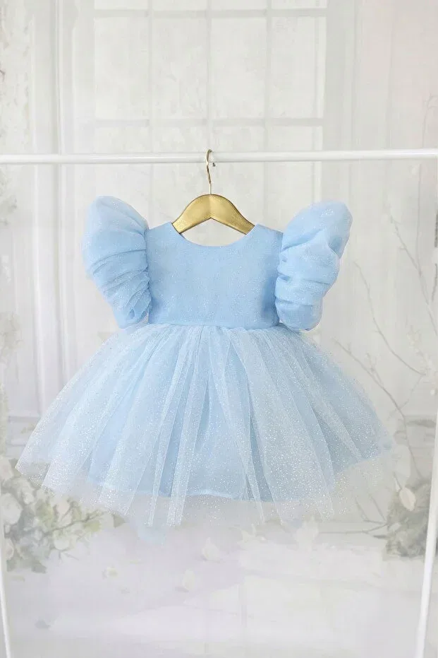 Детское платье для девочек с блестками Glittery organza blue baby girl evening dress romper dress Bertuğ Bebek, Blue