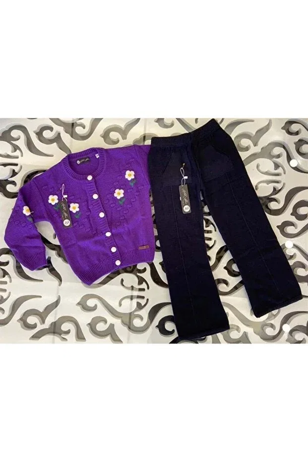 Детский кардиган с принтом Daisy Embroidered Knitwear Trousers Double Set Hilal Akıncı Kids, Purple — фото 3