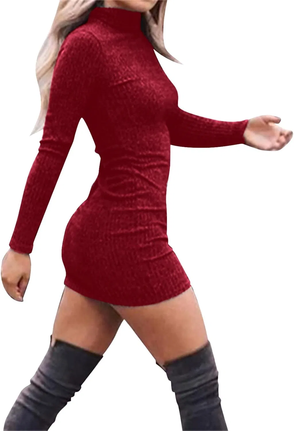 Женское облегающее платье-свитер с водолазкой Bodycon, Wine — фото 2
