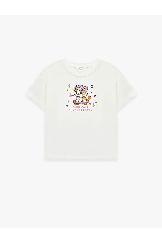Детская футболка для девочек с принтом Cat printed ecru baby girl t-shirt Koton, Ecru — фото 3