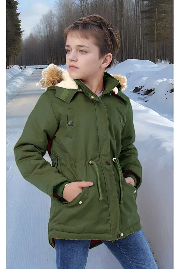 Детское пальто для девочек зимнее с капюшоном Joui Co, Khaki
