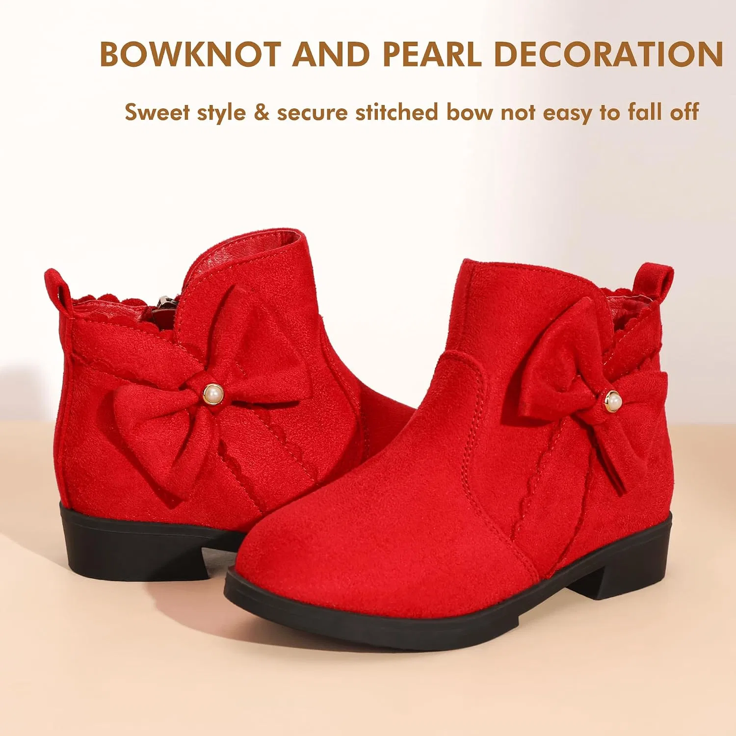 Детские ботинки для девочек Clara с жемчугом и бантом PANDANINJIA, Red Suede — фото 3