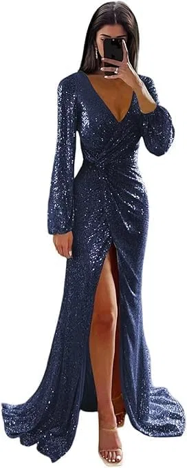 Женское платье с пайетками A-line V-образным вырезом с разрезом, Navy Blue
