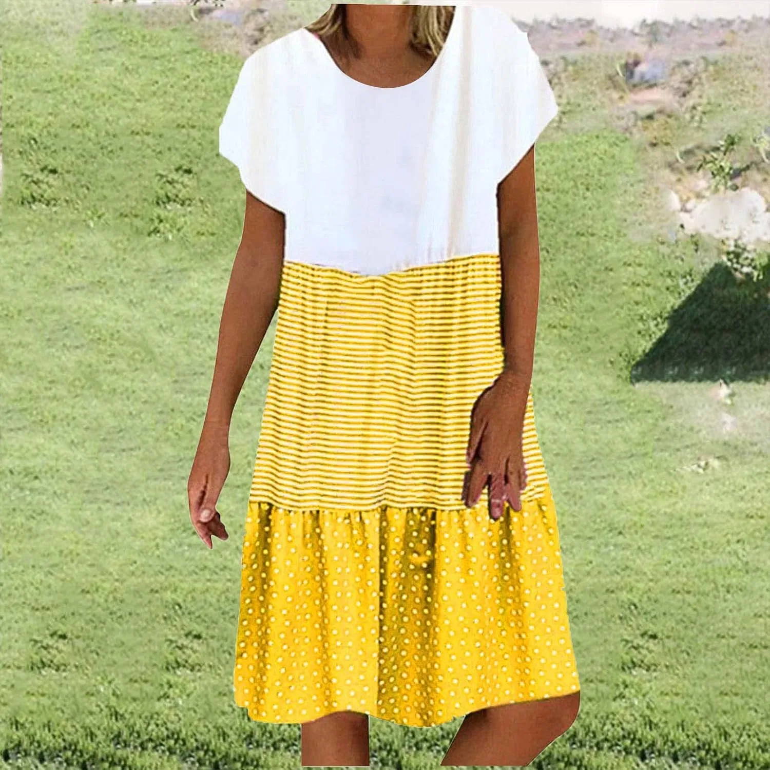 Женское летнее платье мини с полосками и горошком, Yellow — фото 2