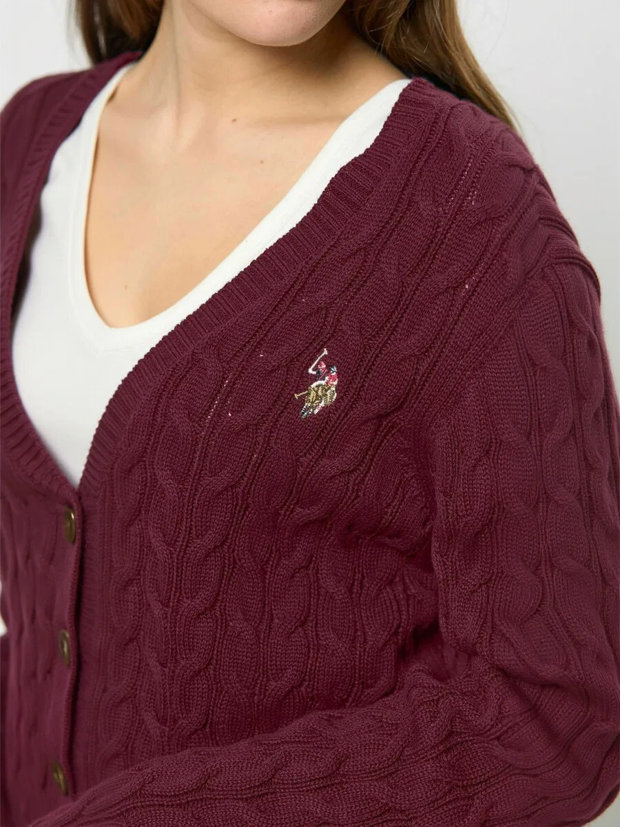 Вязаный кардиган U.S. POLO ASSN. 'UW V-neck' красного цвета — фото 4