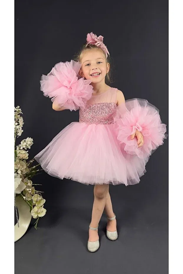 Детское платье для девочек с пайетками Tutu skirt and pompom sleeves girls' sequined special occasion evening dress S.T. Sebat Tekstil, Pink