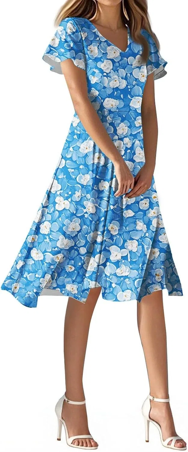 Женское повседневное платье миди с цветочным принтом, Royal Blue