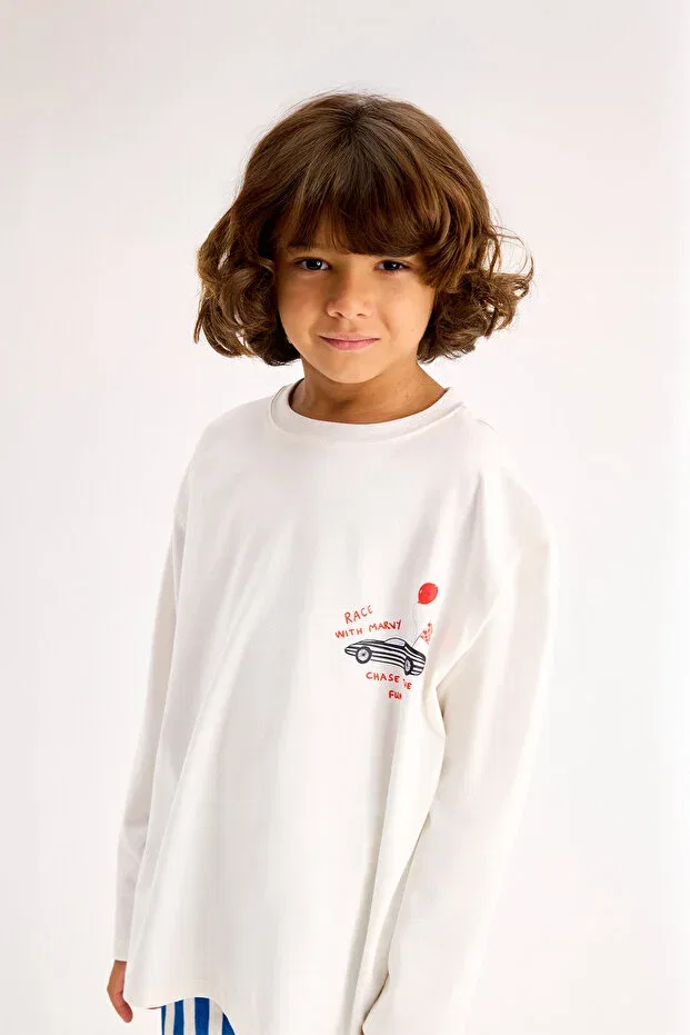 Детская футболка с принтом Racing Car Long Sleeve Tshirt Marvy, Ecru