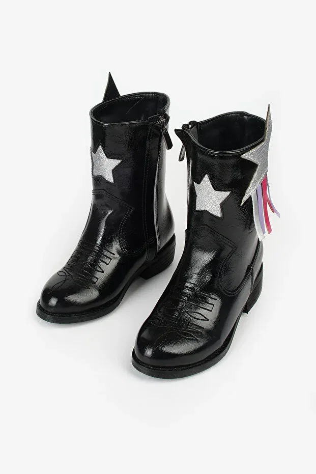 Детские ботинки для девочек с принтом Black star and tassel detailed girls' cowboy boots Le Mabelle, Black