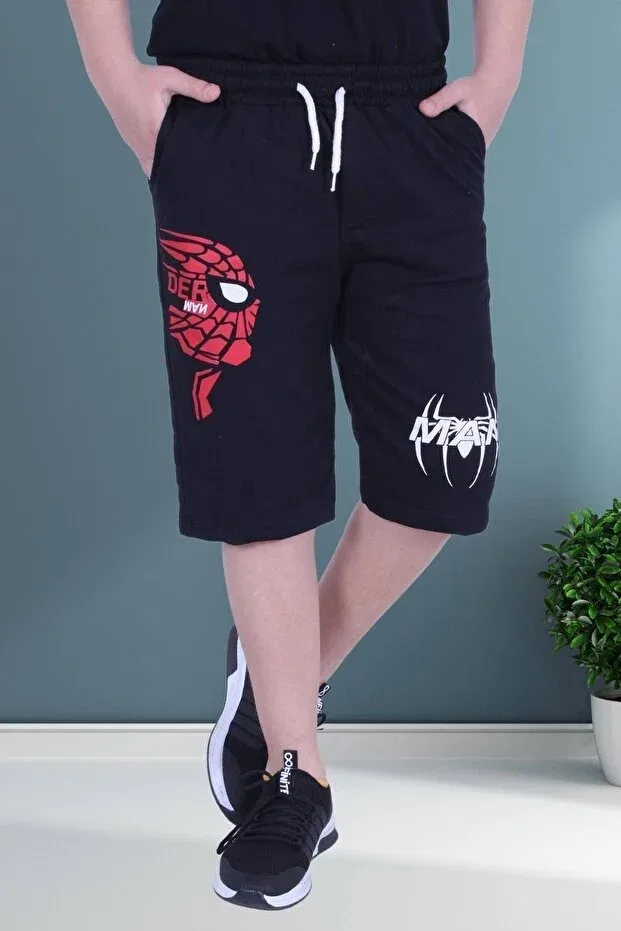 Детские шорты для мальчиков с принтом Spiderman text printed wide leg cord detailed Fyk Collection, Black — фото 4