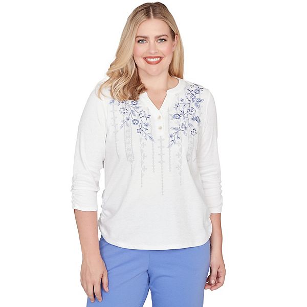 

Футболка с геометрическим цветочным принтом и сборками Alfred Dunner, Красный, Футболка с геометрическим цветочным принтом и сборками Alfred Dunner