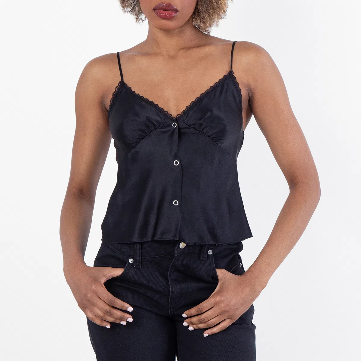 Топ на кнопках с кружевом Snap Front Lace Tank Top Alexander Wang, Black