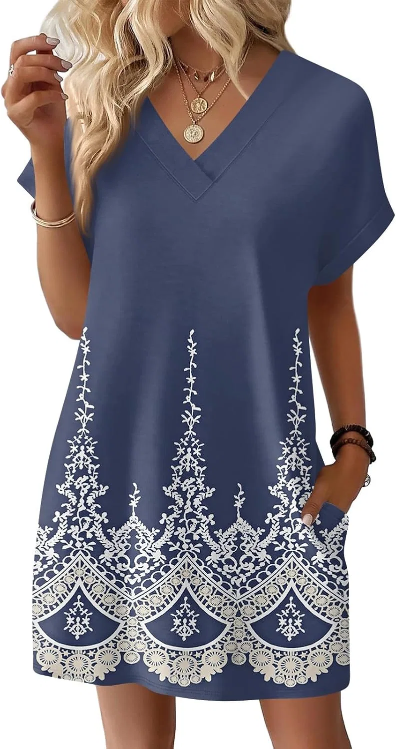 Женское летнее платье с V-образным вырезом Casual, Dark Blue