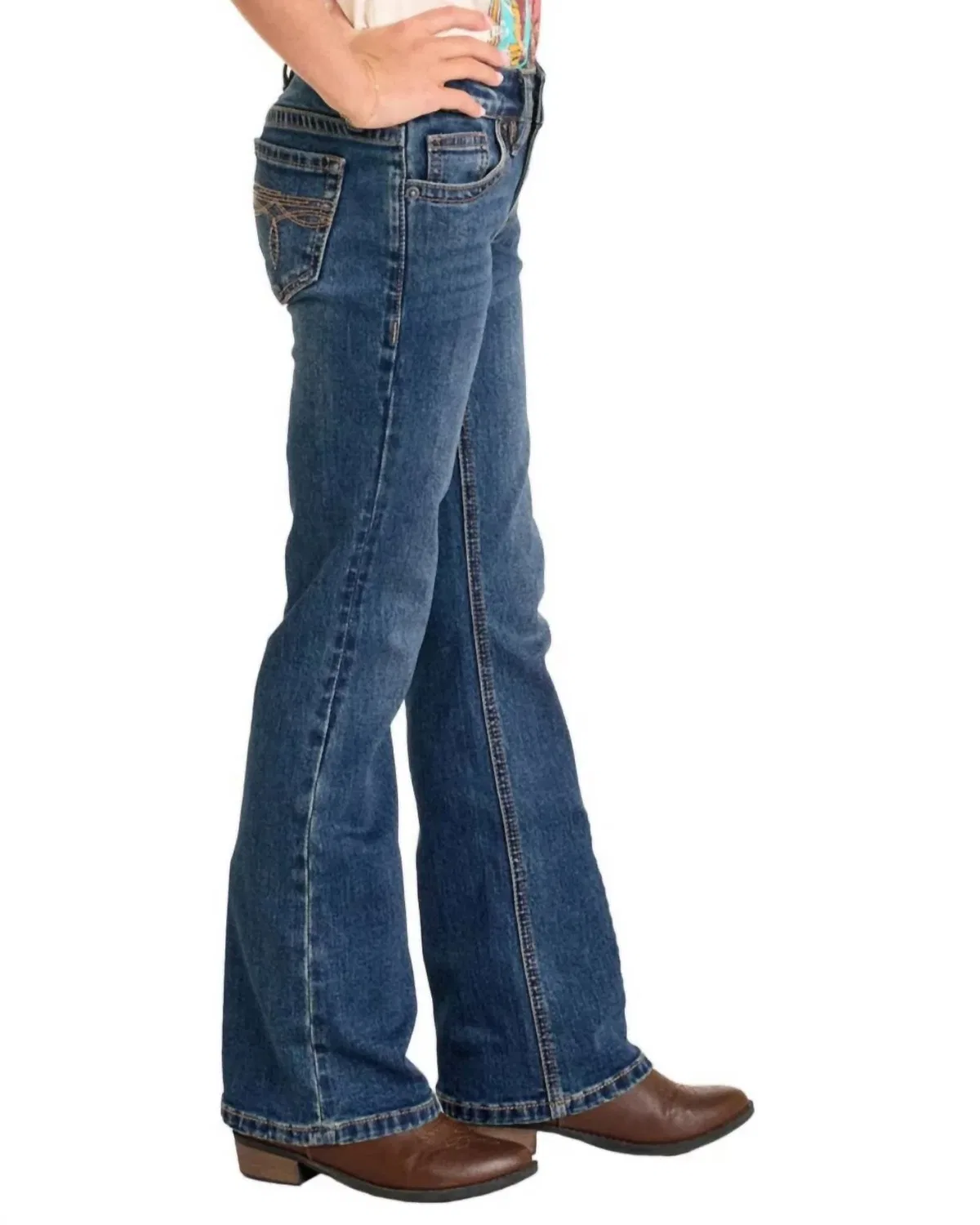 Детские джинсы для девочек клеш с прострочкой Stitch Boot Cut Jeans Rock & Roll Cowboy, Medium Blue — фото 2