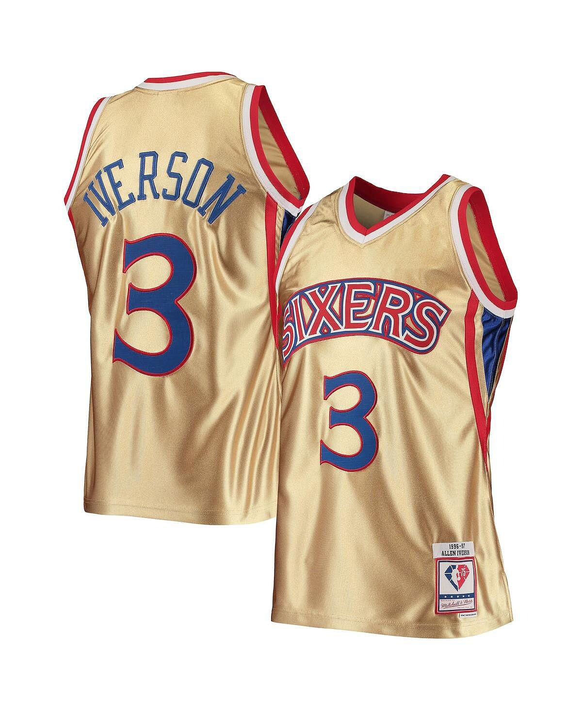 

Мужская футболка allen iverson gold philadelphia 76ers 75th anniversary 1996-97 hardwood classics swingman jersey Mitchell & Ness