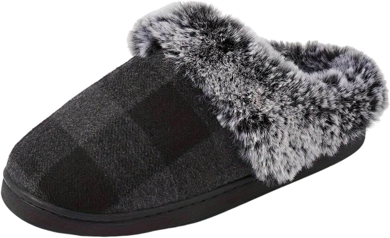 

Женские мужские теплые плюшевые тапочки Edobao Домашняя обувь из пены с эффектом памяти и ошейником из искусственного меха, Chenkered Darkgrey