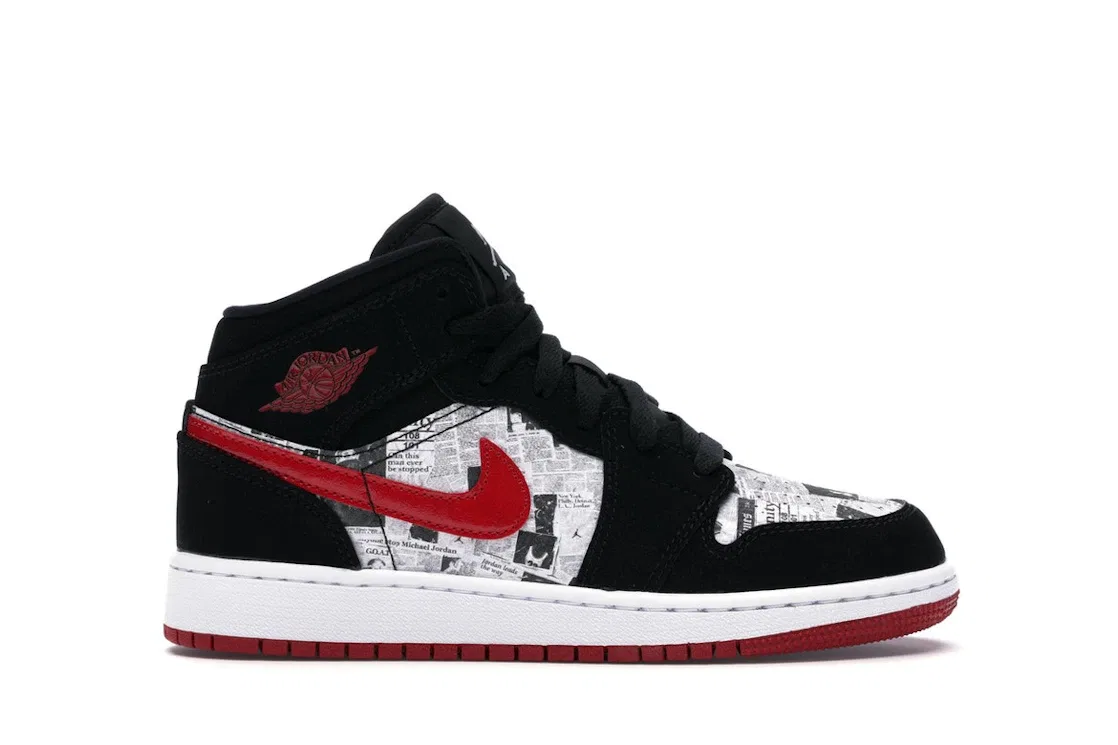 Детские кроссовки с газетным принтом Jordan 1 Mid Jordan, Black/Gym Red-White