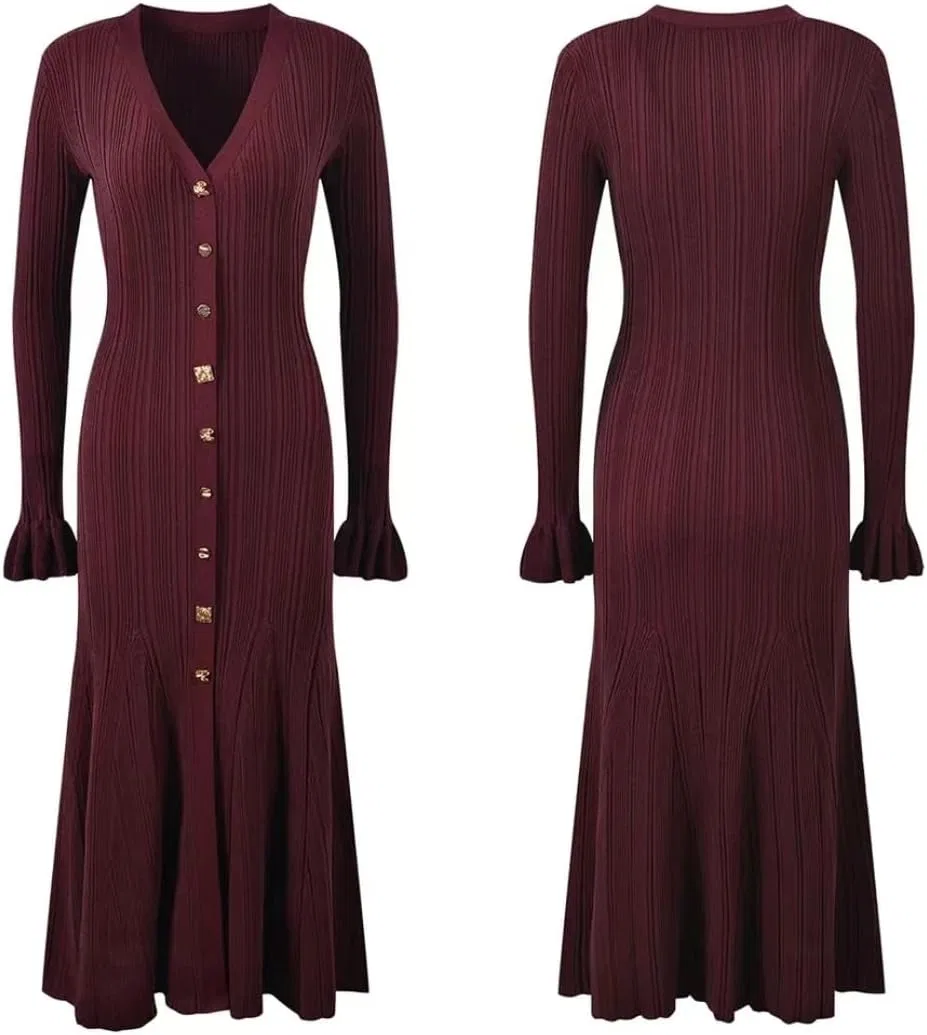 Женское платье миди с V-образным вырезом и воланами, Knitted, Claret