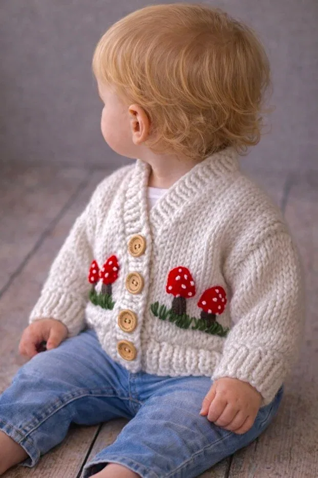 Детский кардиган с принтом Hand knitted mushroom pattern Seraskids, Ecru