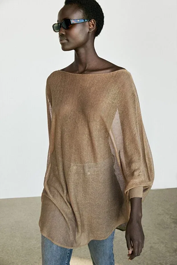 Женское платье с длинным рукавом Linen-Blend Draped Cape-Cut Knitwear Massimo Dutti, Moss Green — фото 2