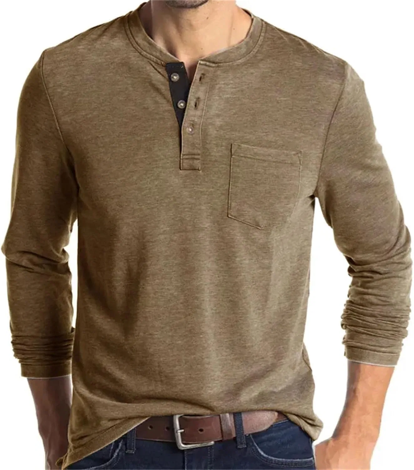 Мужская футболка с круглым вырезом длинный рукав Casual, Army Green — фото 2