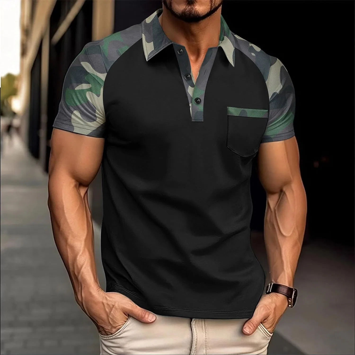Мужская slim fit футболка с камуфляжным рукавом реглан, Black — фото 2