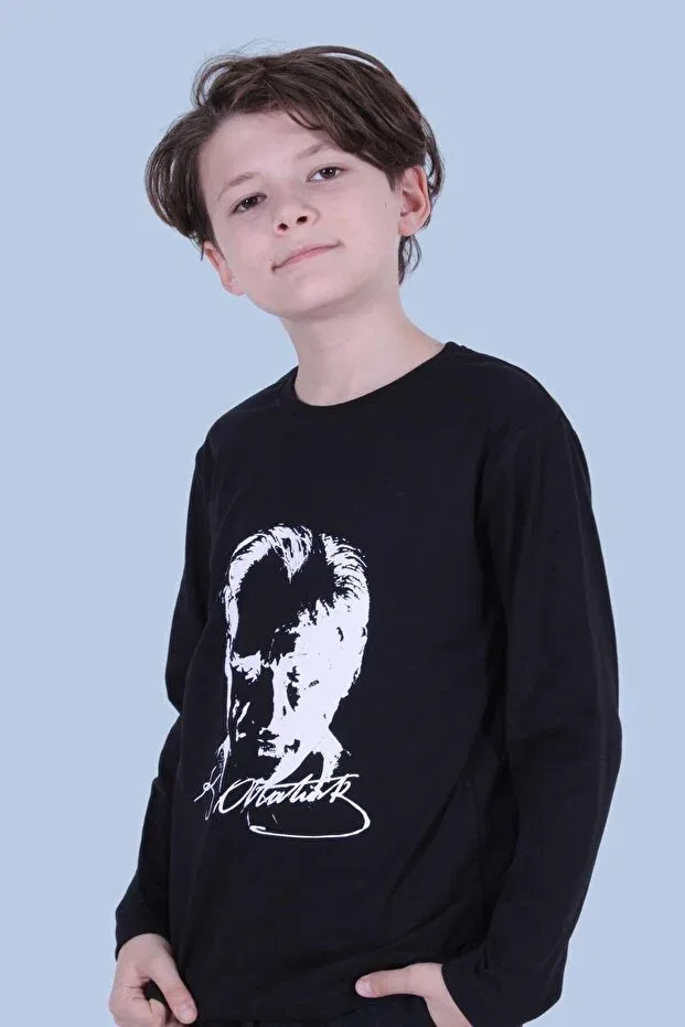 Детские свитшот для девочек с принтом Differently printed ataturk patterned long sleeve unisex sweatshirt Fyk Collection, Black — фото 4