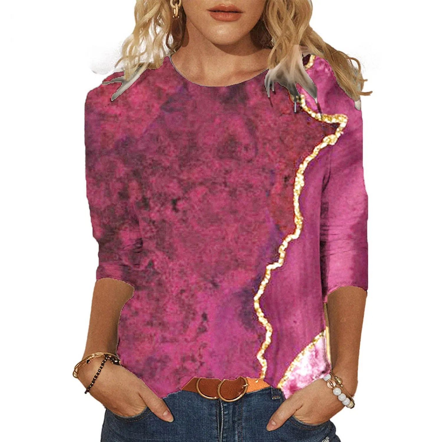 Женская футболка с V-образным вырезом Colorful Gradient Geometric Print, бренд, Wine-2 — фото 2