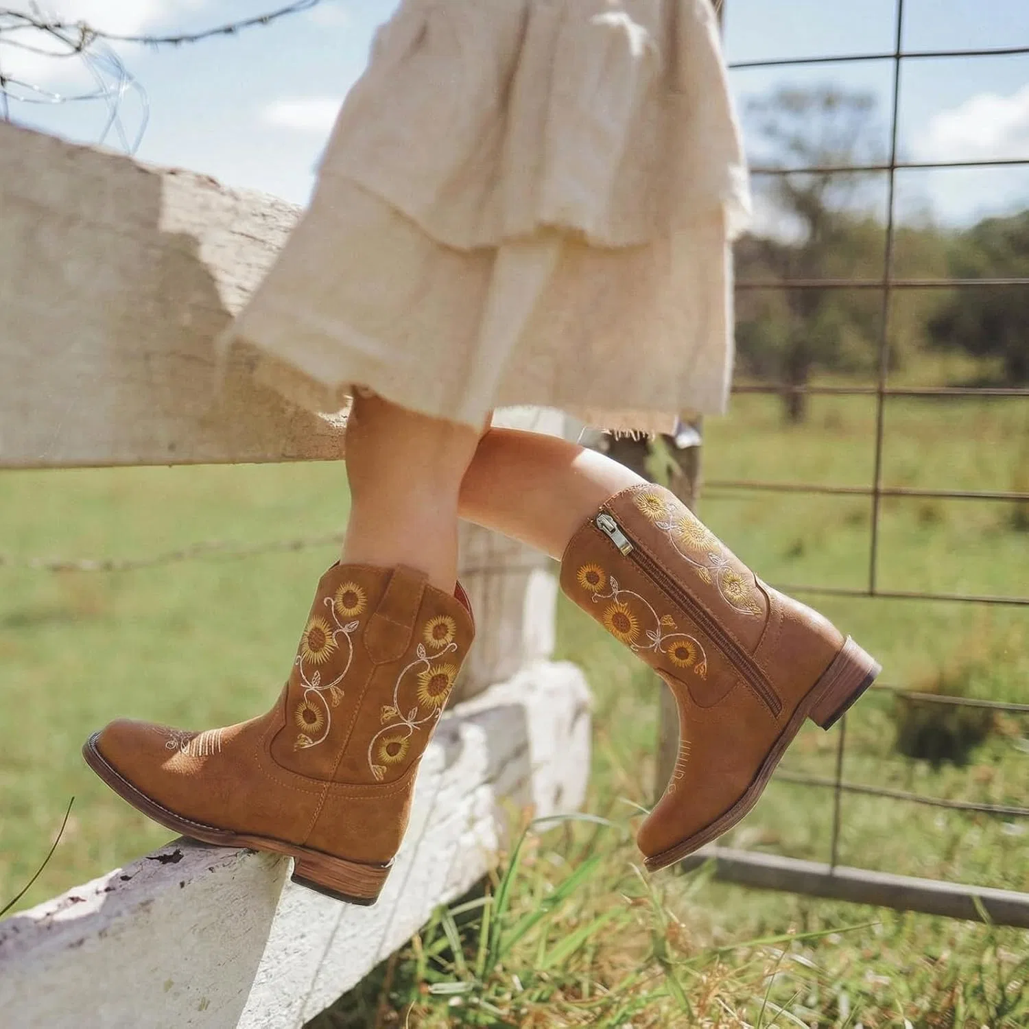 Детские сапоги для девочек с цветочной вышивкой Western Cowgirl Boots Bybmorto, Brown — фото 2