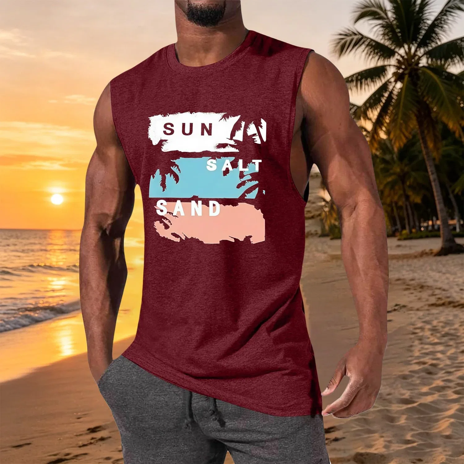 Мужская майка без рукавов с принтом Vintage Block Salt Sun Sand Palms, Vino — фото 2