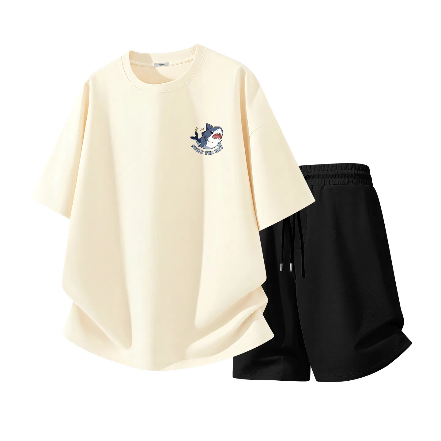 Детский комплект спортивной одежды с принтом Happy Shark Chest Logo MINISO, Light Beige Black