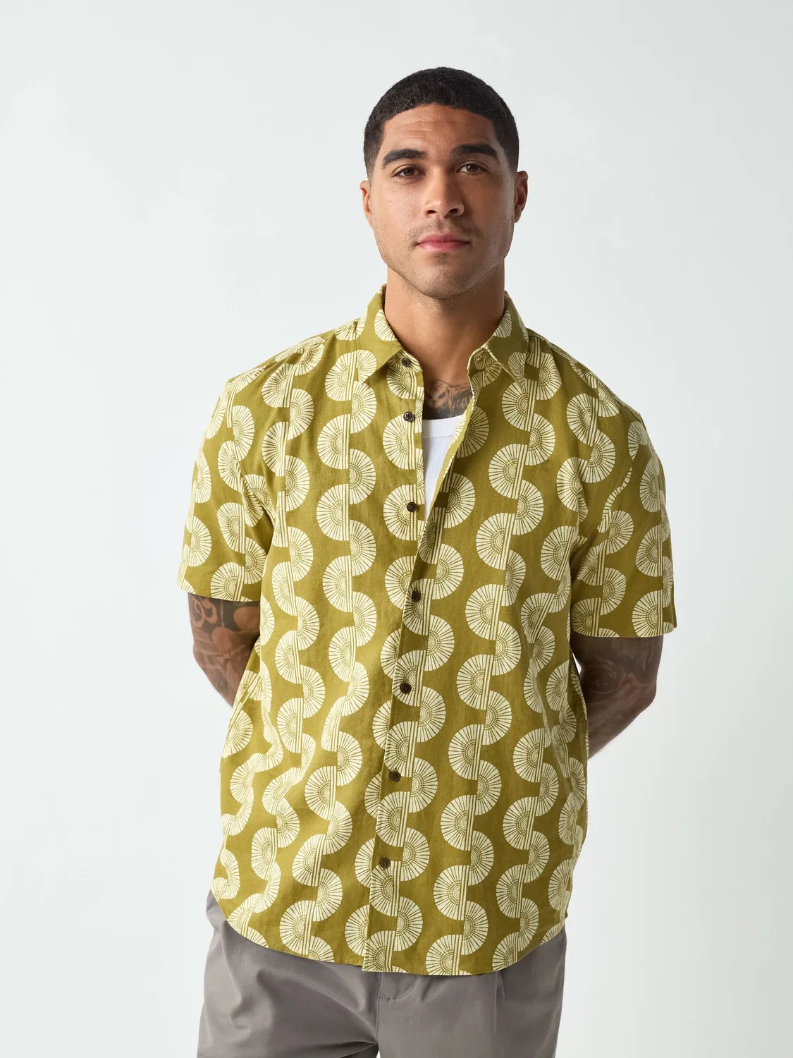 Рубашка с принтом, хлопок и лен, Green Cotton Linen Printed Short Sleeve Shirt Next, зеленый