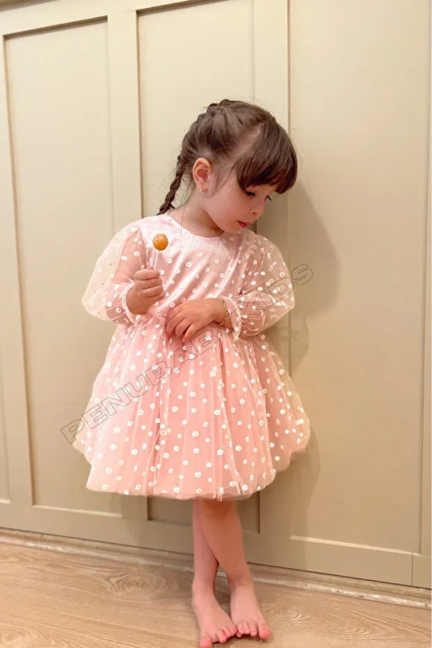 Детское платье для девочек с принтом Powder Pink Flower Detailed Penu Baby Kids, Powder Pink