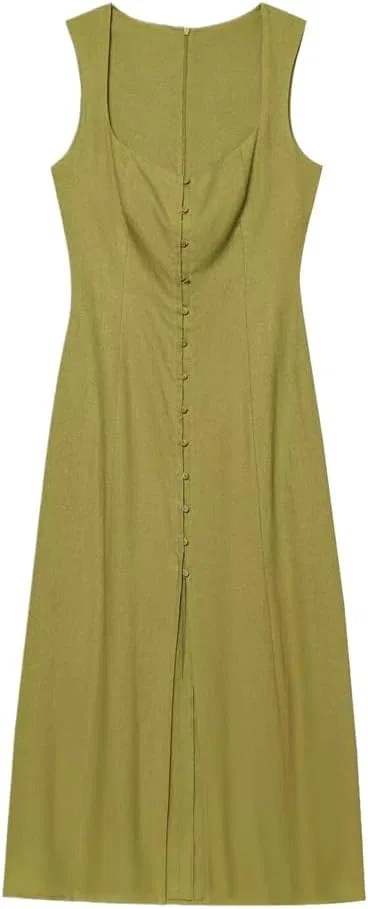 Женское летнее платье миди без рукавов с квадратным вырезом Fit and Flare, Green
