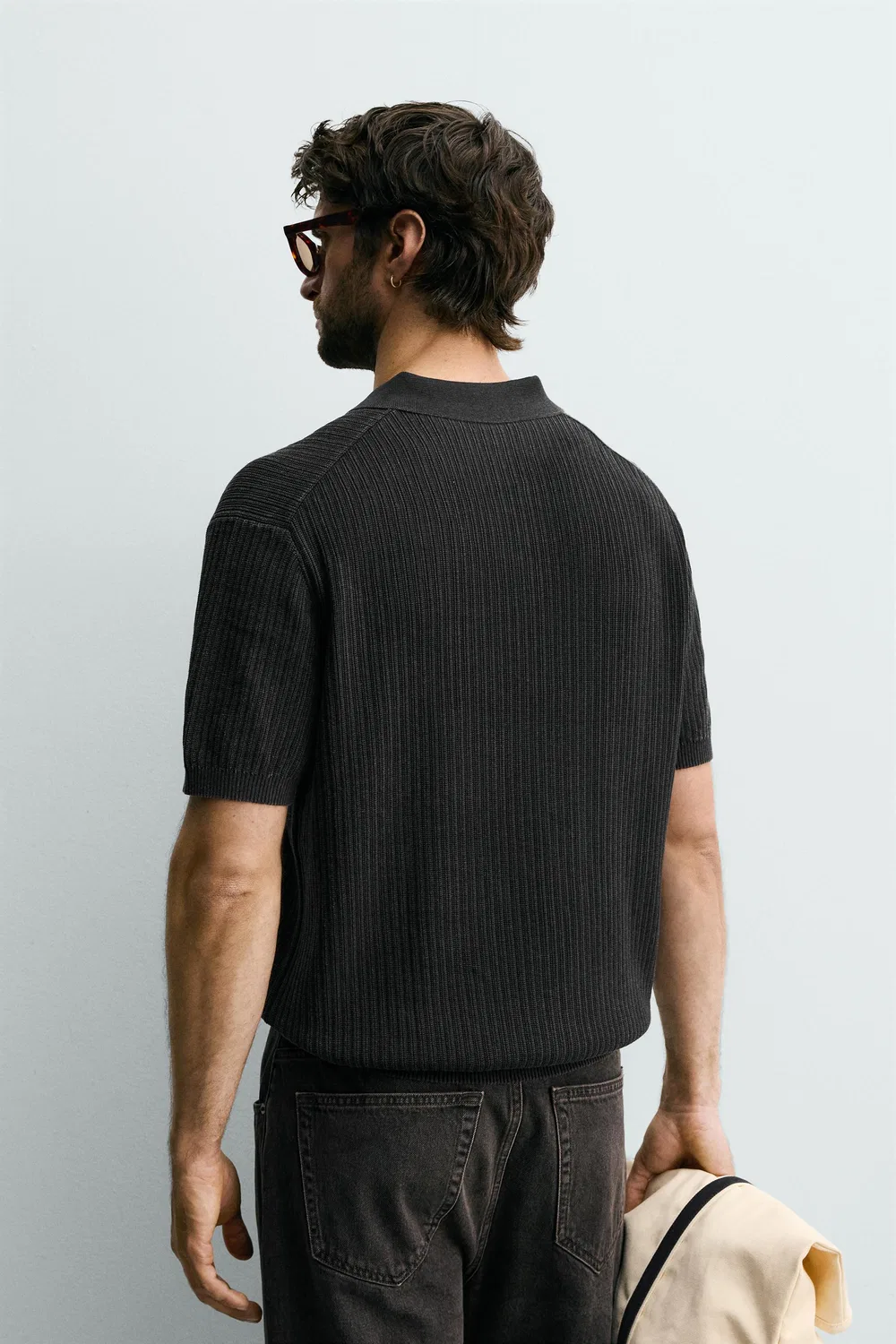 Текстурированная трикотажная рубашка-поло стандартного кроя ZARA, Faded black — фото 3