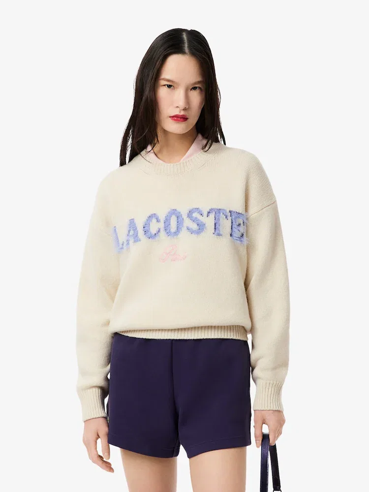 Пуловер Lacoste Fluffy Lettering, с надписью, бежевый