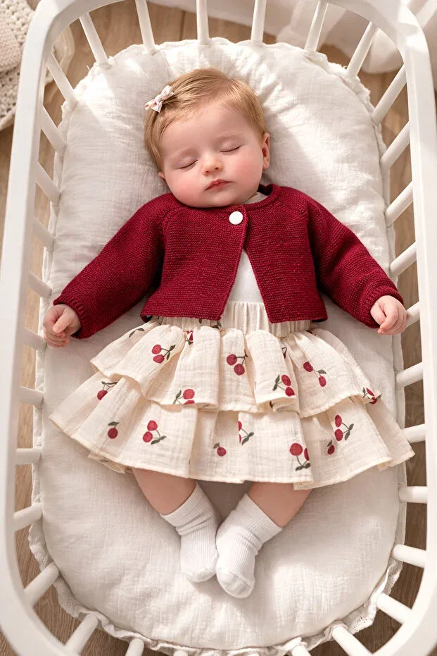 Детский комплект для девочек хлопковый Cherry on top bolero and muslin ruffle skirt Mert Baby, Burgundy — фото 2
