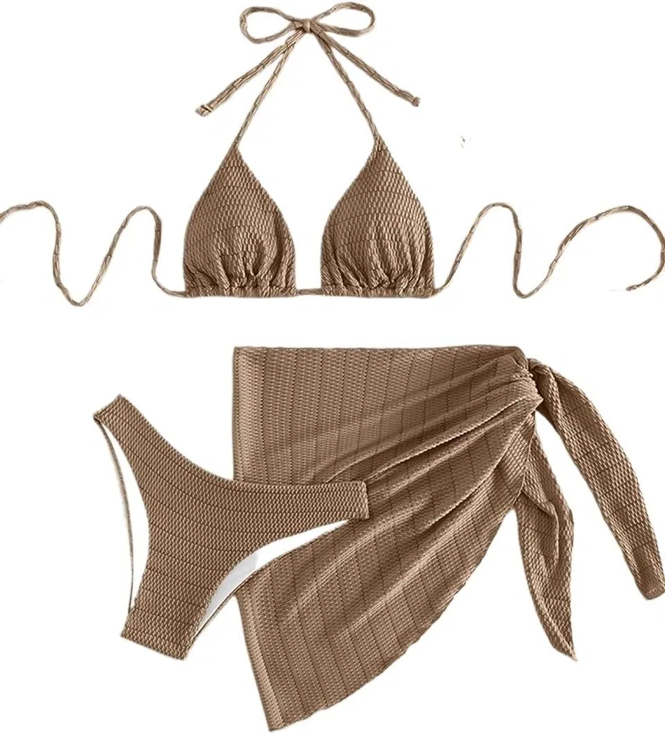 Женский бикини-комплект с высокой талией, завязками на спине и юбкой, Khaki