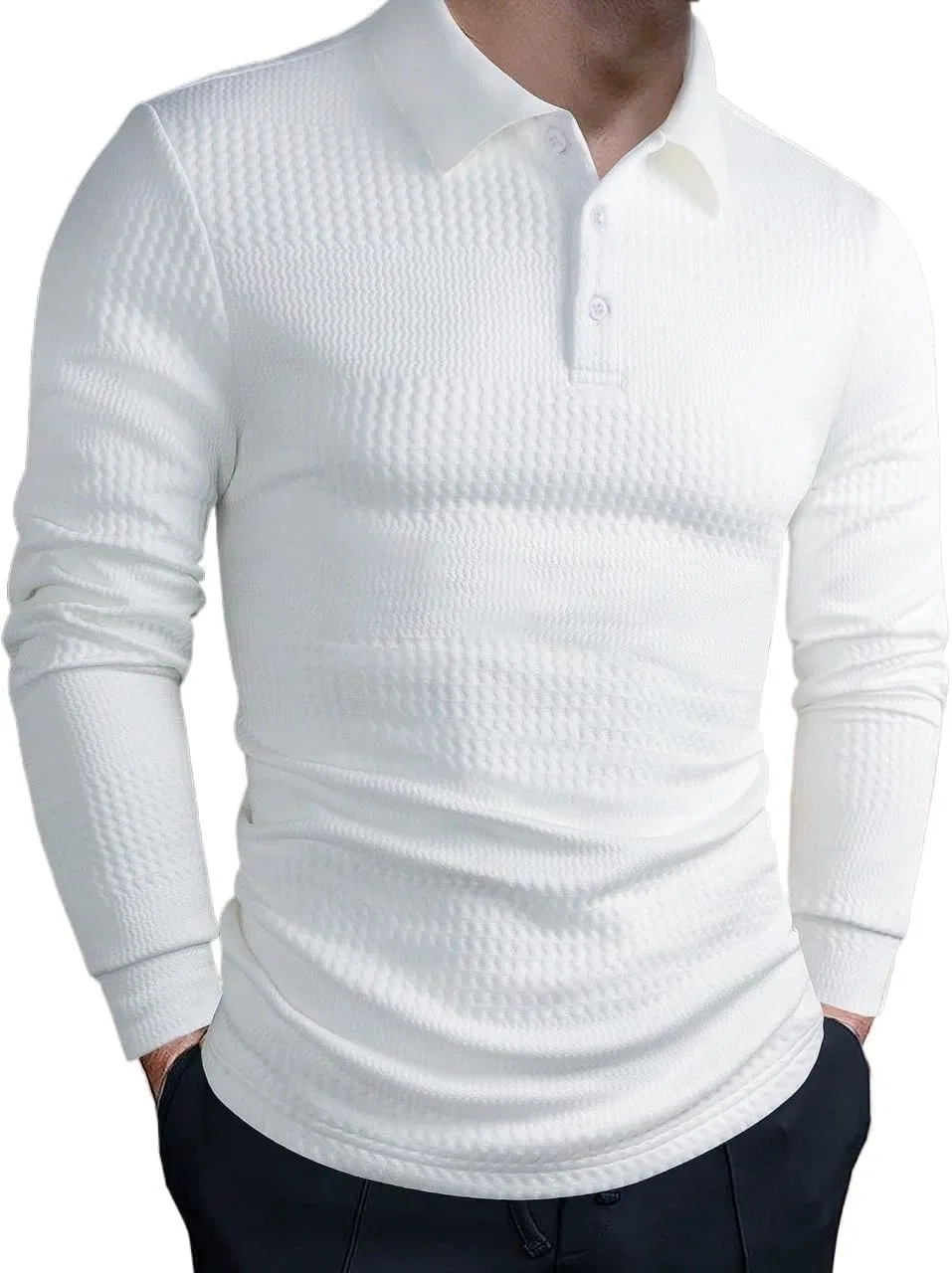 Мужская классическая футболка с воротником, Long Sleeve, White