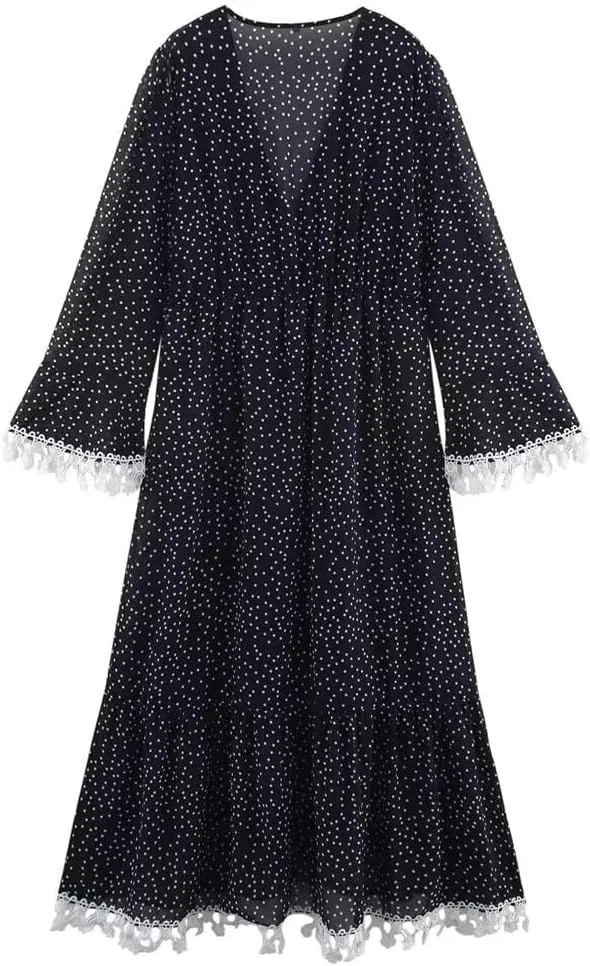 Женское повседневное платье с воротником V-образным Full Sleeve Polka Dot, Black — фото 2