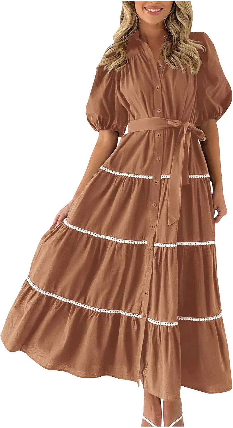 Женское платье с рукавом-фонарик, на пуговицах, с поясом, A-силуэта, Spring Dresses for Women 2024, коричневый