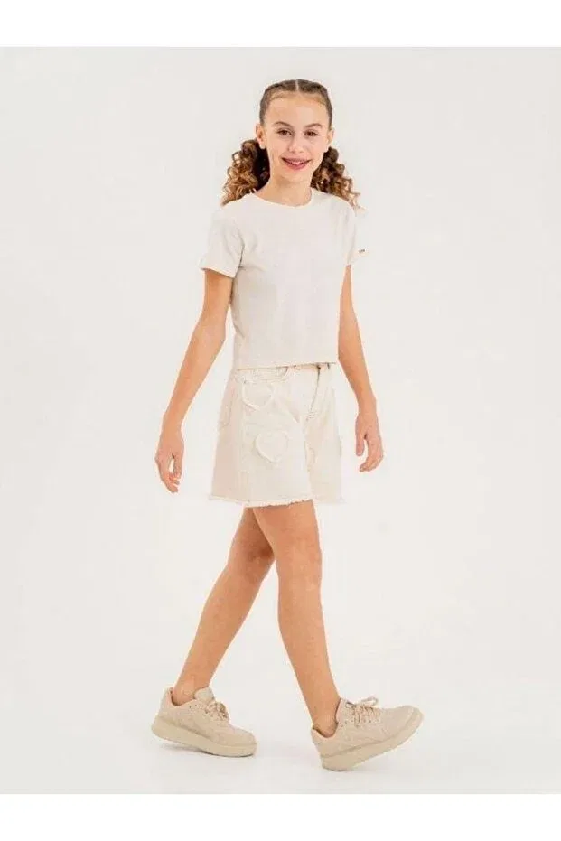 Детские шорты для девочек джинсовые с вышивкой сердца Zekids, Beige — фото 2