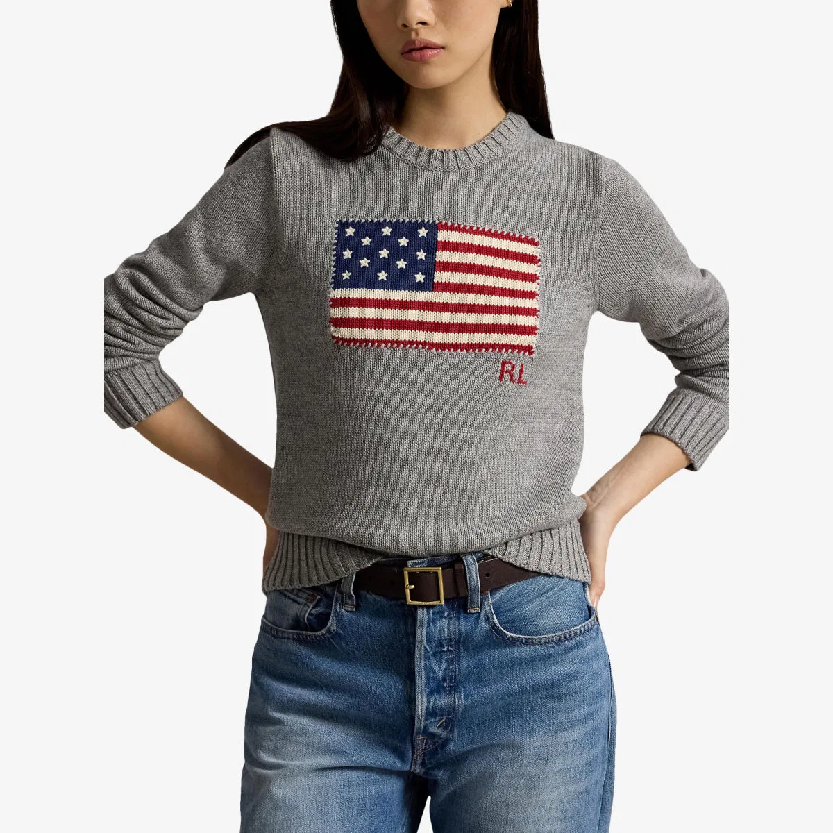 Вязаный хлопковый джемпер с американским флагом Polo Ralph Lauren, серый меланж — фото 3
