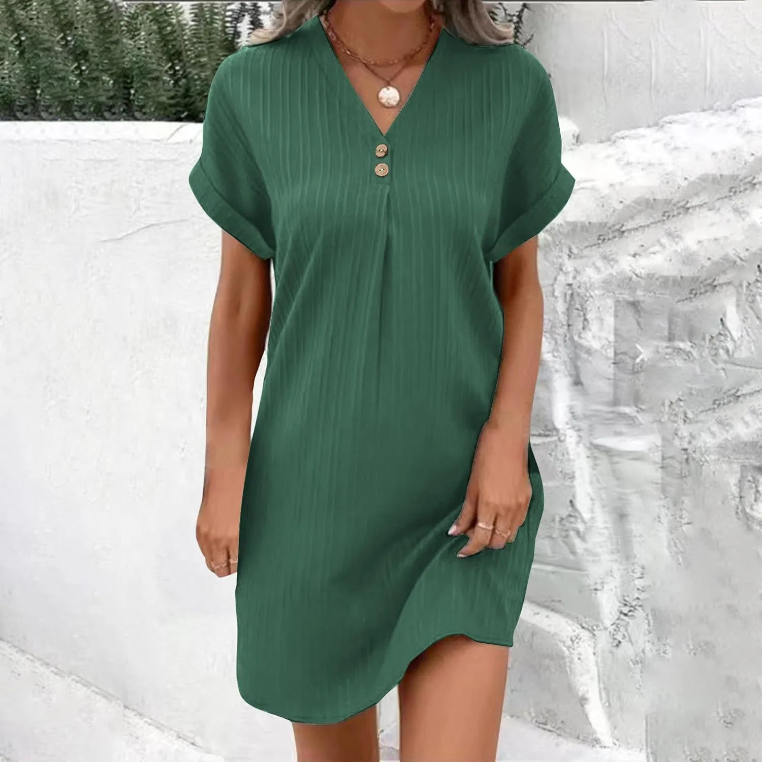 Женское платье мини с V-образным вырезом и пуговицами Casual, Green — фото 2