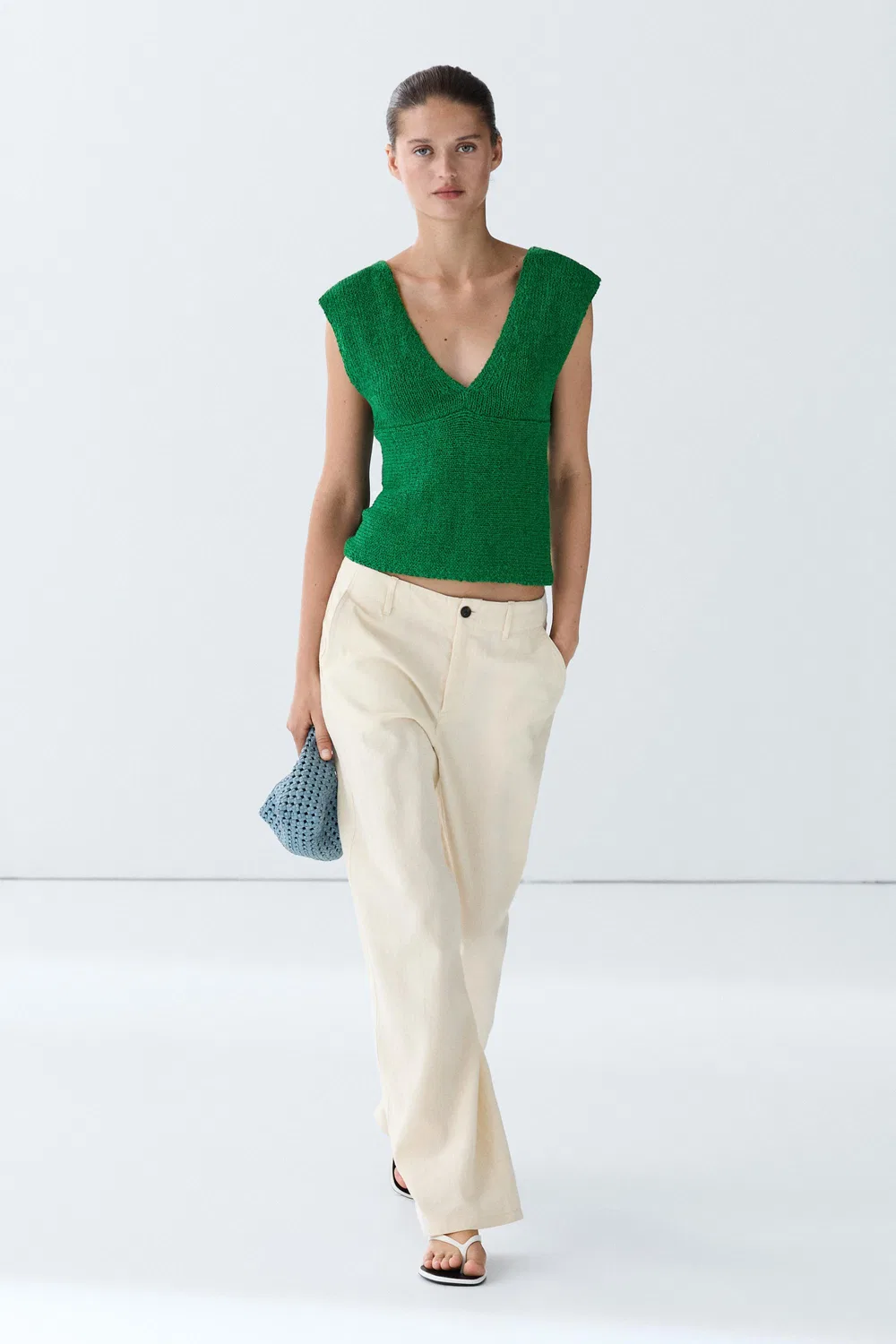 Топ Massimo Dutti Cotton Blend V-Neck Knit, зеленый — фото 3