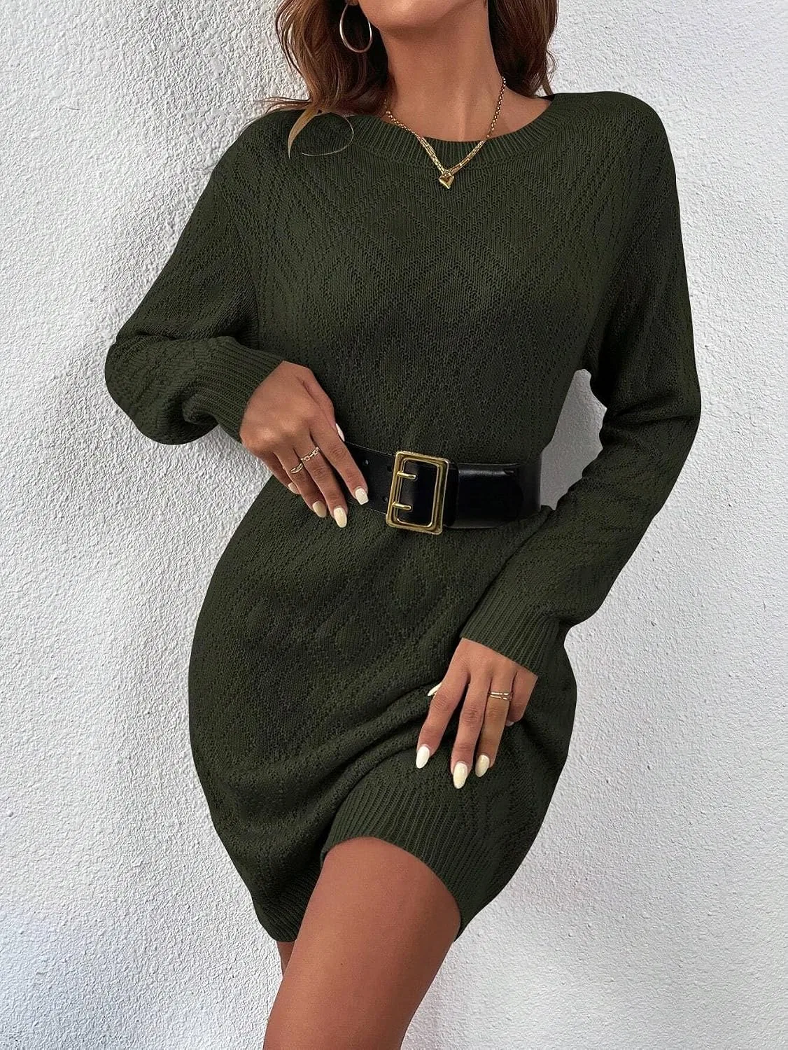 Женское повседневное платье с круглым вырезом Rib-Knit, Army Green — фото 4
