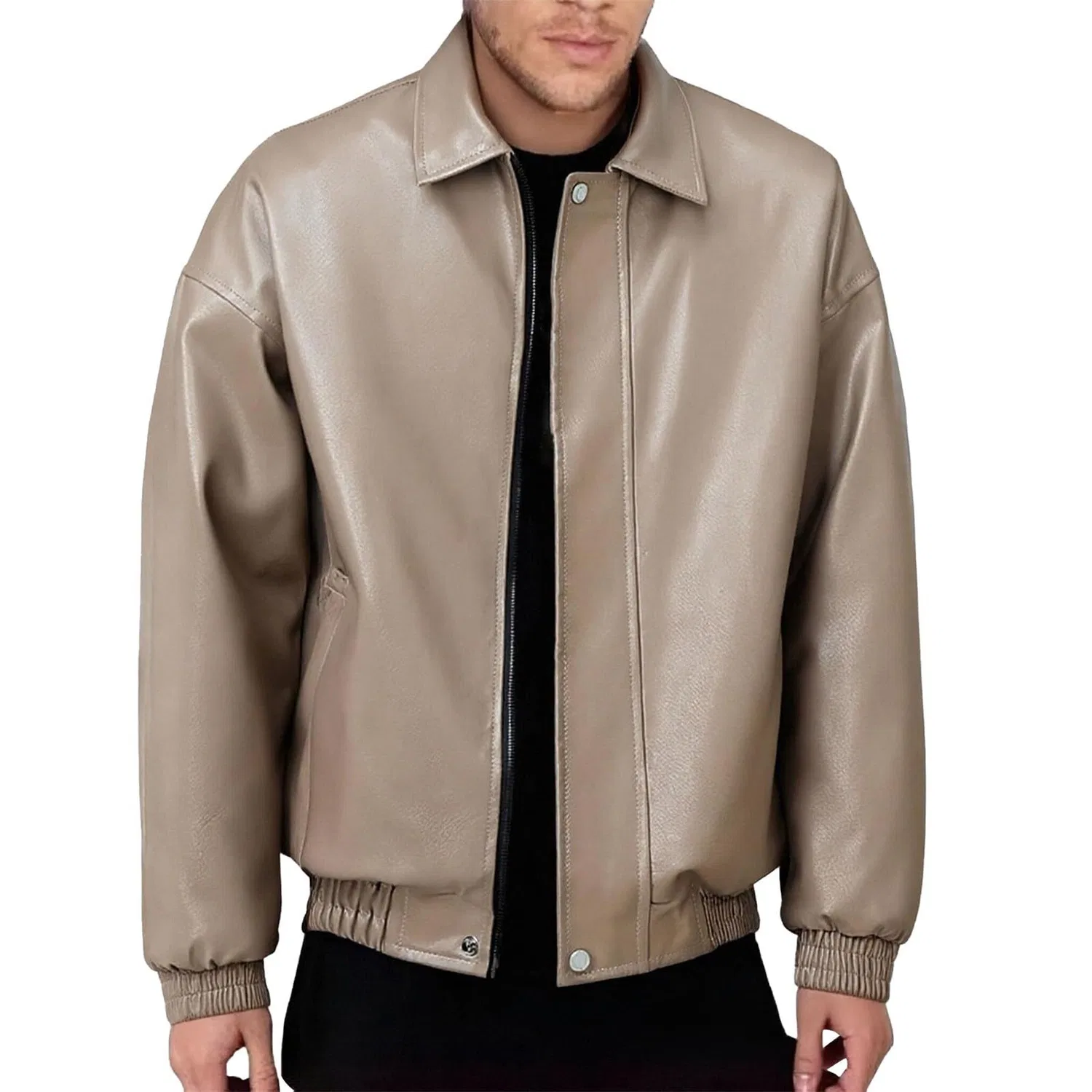 Мужская куртка из искусственной кожи с длинным рукавом, Khaki Men's Leather Jacket